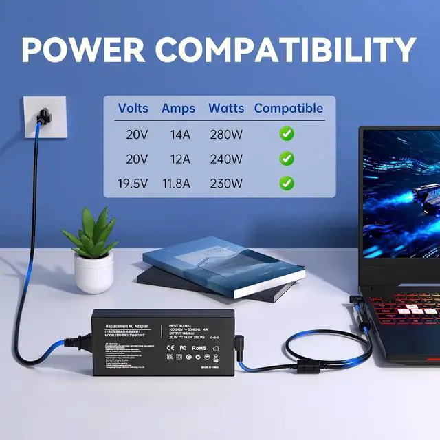 Alt view image 3 of 7 - 14A 20V 280W for Asus Laptop Charger 6.0 x 3.7MM, Compatible with ROG Strix G15 G17 G614 G713 G814 Scar 15 17 G532L G732L G733Z Zephyrus S17 M16 Gaming A16 FA617 Laptop-Grid Surface Design