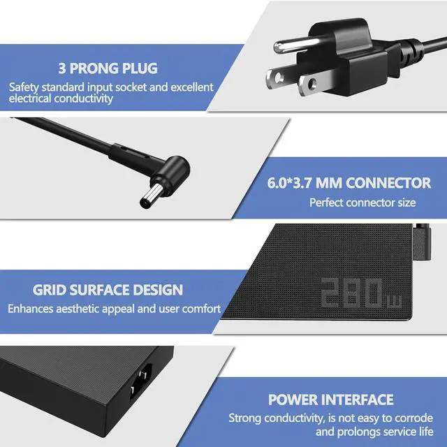 Alt view image 6 of 7 - 14A 20V 280W for Asus Laptop Charger 6.0 x 3.7MM, Compatible with ROG Strix G15 G17 G614 G713 G814 Scar 15 17 G532L G732L G733Z Zephyrus S17 M16 Gaming A16 FA617 Laptop-Grid Surface Design