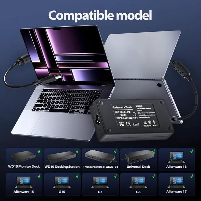Alt view image 2 of 6 - 180W Compatible with Dell Docking Station WD19 WD15 WD22TB4 Charger