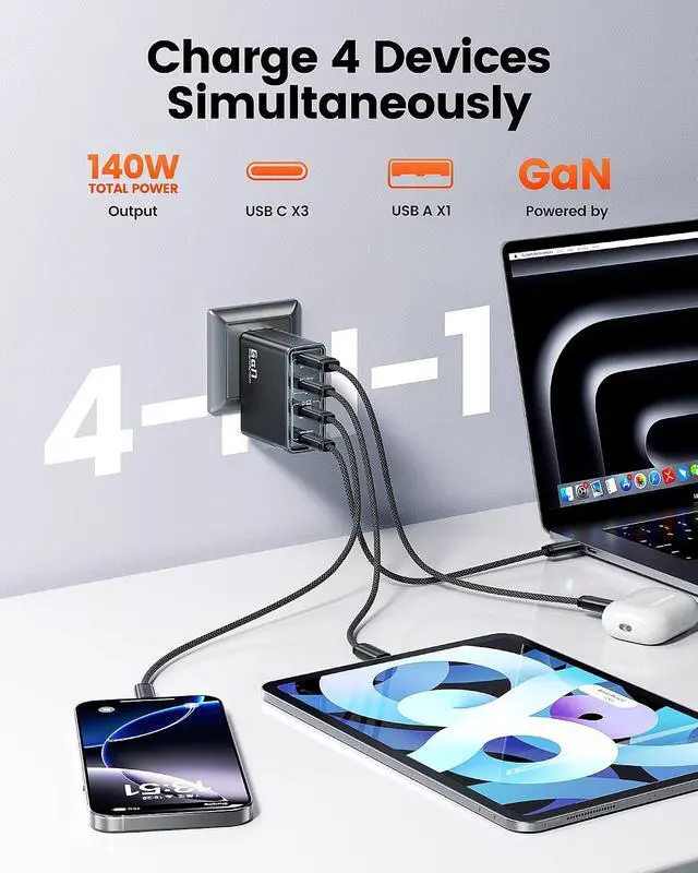 Alt view image 2 of 7 - Toocki 140W USB C Charger Block, 4-Port GaN Fast Charging Foldable Compact Wall Charger for MacBook Pro/Air, iPhone 16 Pro Max, iPad Pro, Galaxy S24/Ultra, Steam Deck, Google Pixelbook