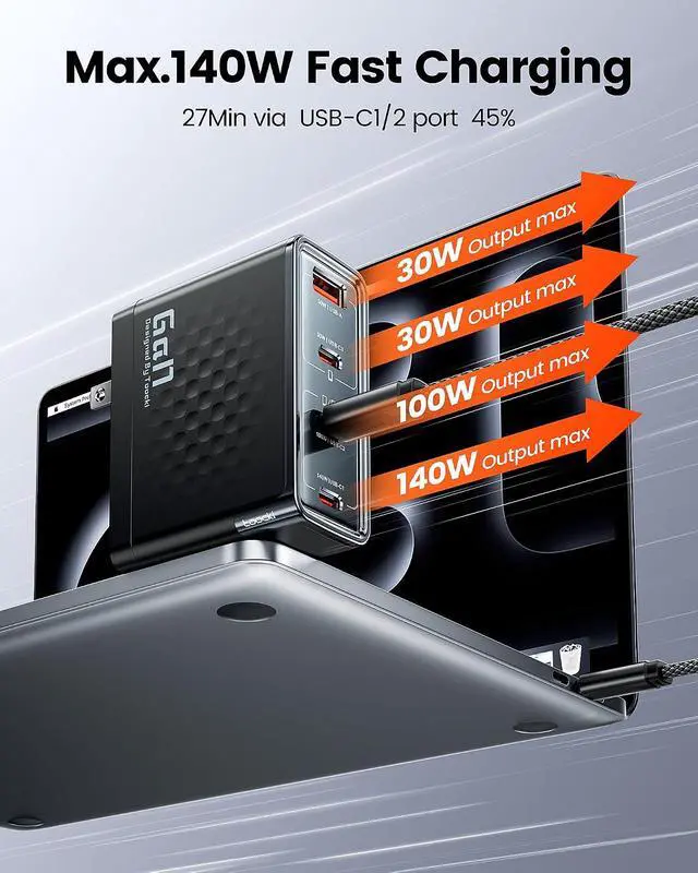 Alt view image 4 of 7 - Toocki 140W USB C Charger Block, 4-Port GaN Fast Charging Foldable Compact Wall Charger for MacBook Pro/Air, iPhone 16 Pro Max, iPad Pro, Galaxy S24/Ultra, Steam Deck, Google Pixelbook