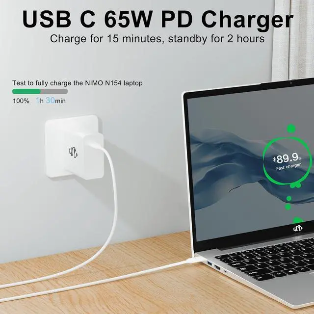 Alt view image 2 of 7 - NIMO 65W GaN USB-C Wall Charger, PD Compact Fast Charging Station Compatible with MacBook Pro, iPad Air, iPhone 17 16 15, Samsung Galaxy, Single Port Laptop Power Adapter with 6.6ft Type C Cable