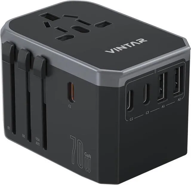 Main image of VINTAR Universal Travel Adapter 70W GaN, 3USB-C & 2USB-A for Laptops