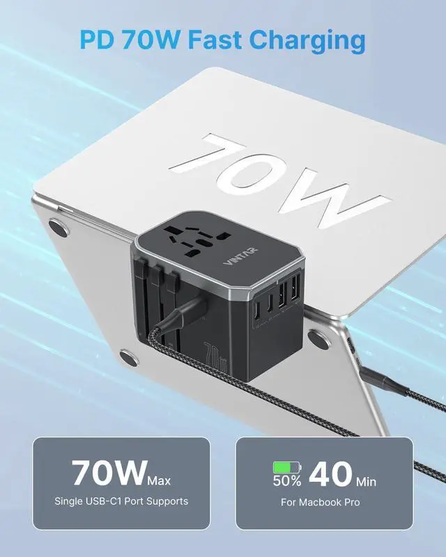 Alt view image 2 of 6 - VINTAR Universal Travel Adapter 70W GaN, 3USB-C & 2USB-A for Laptops