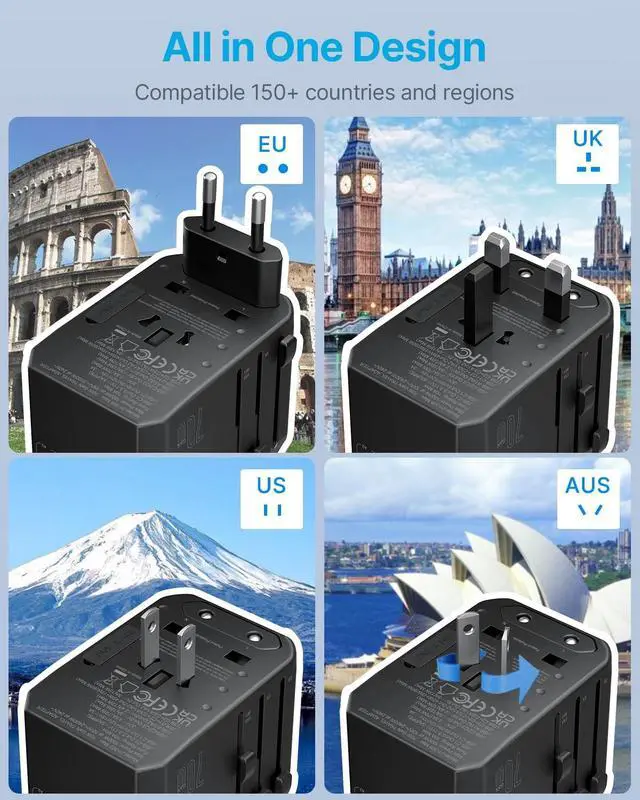 Alt view image 3 of 6 - VINTAR Universal Travel Adapter 70W GaN, 3USB-C & 2USB-A for Laptops