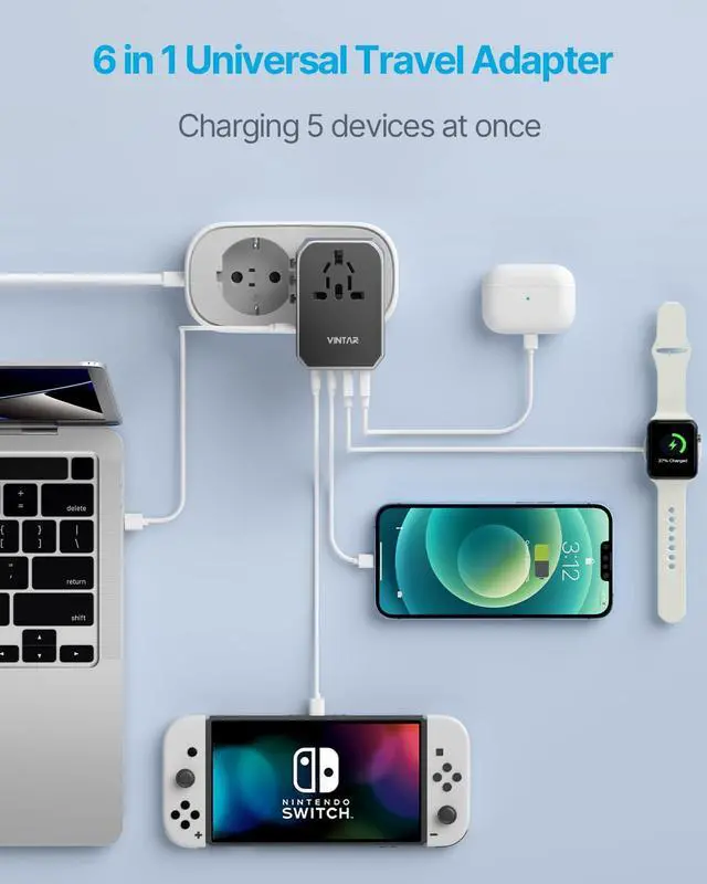Alt view image 4 of 6 - VINTAR Universal Travel Adapter 70W GaN, 3USB-C & 2USB-A for Laptops