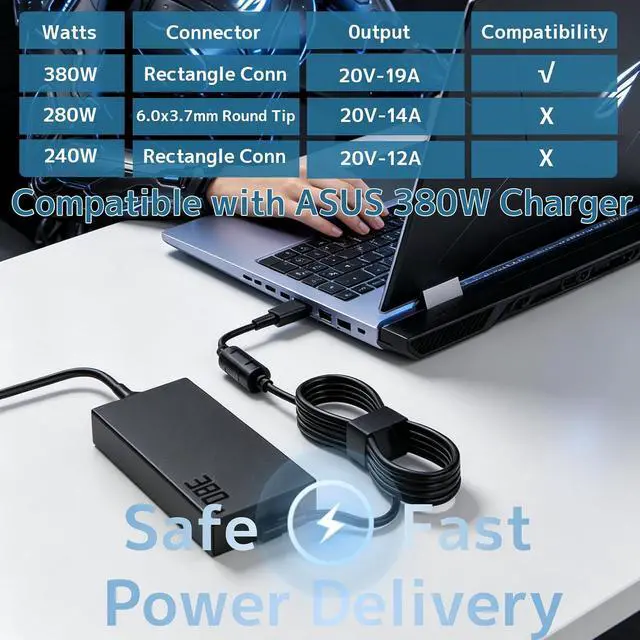 Alt view image 3 of 7 - 380W Charger Compatible with Asus Laptop ROG Strix Scar 16 18 TUF RTX 5090