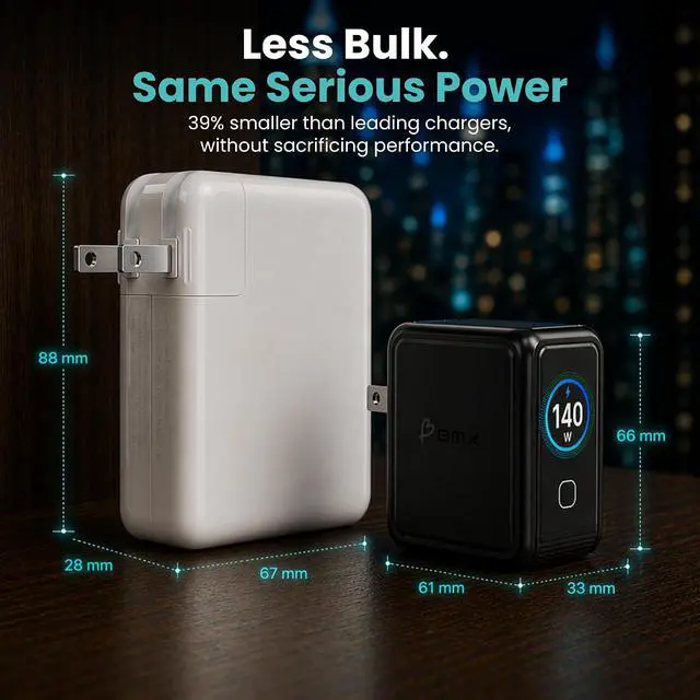 Alt view image 3 of 7 - Gansta 140W USB-C GaN Laptop World Charger, 4-Port (3 USB-C + 1 USB-A), PD 3.1 140W, Smart LCD Display, MacBook Pro 16" Travel Charger + EU/UK/AU Adapters, Braided Cable & Pouch