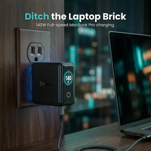 Alt view image 2 of 7 - Gansta 140W USB-C GaN Laptop World Charger, 4-Port (3 USB-C + 1 USB-A), PD 3.1 140W, Smart LCD Display, MacBook Pro 16" Travel Charger + EU/UK/AU Adapters, Braided Cable & Pouch