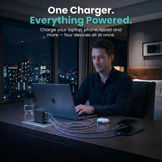 Alt view image 5 of 7 - Gansta 140W USB-C GaN Laptop World Charger, 4-Port (3 USB-C + 1 USB-A), PD 3.1 140W, Smart LCD Display, MacBook Pro 16" Travel Charger + EU/UK/AU Adapters, Braided Cable & Pouch