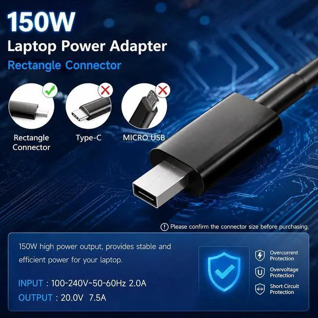 Alt view image 5 of 7 - 150W Laptop Charger Compatible with ASUS V16 Gaming Laptop V3607VU-DS76 V3607VJ-DS76 V3607VM-ES74, 20V 7.5A Rectangle Conn AC Power Supply Adapter Cord