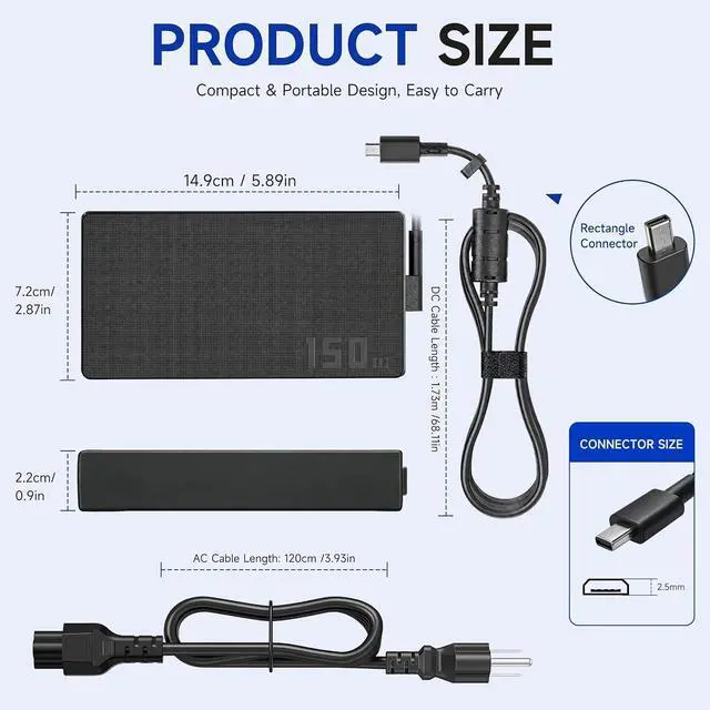 Alt view image 3 of 7 - 150W Laptop Charger Compatible with ASUS V16 Gaming Laptop V3607VU-DS76 V3607VJ-DS76 V3607VM-ES74, 20V 7.5A Rectangle Conn AC Power Supply Adapter Cord