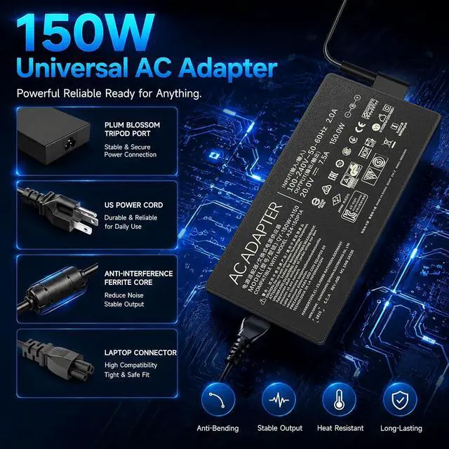 Alt view image 6 of 7 - 150W Laptop Charger Compatible with ASUS V16 Gaming Laptop V3607VU-DS76 V3607VJ-DS76 V3607VM-ES74, 20V 7.5A Rectangle Conn AC Power Supply Adapter Cord