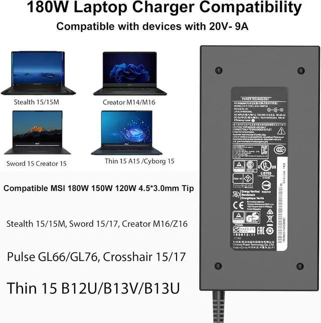Alt view image 2 of 7 - 180W Adapter fit for MSI Bravo 15 17 Pulse GL66 GL76 Thin 15 17 A17-180P4B