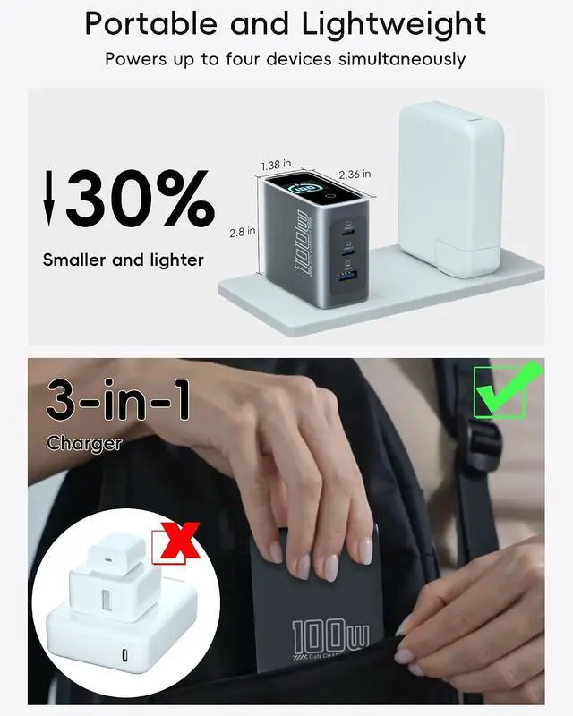 Alt view image 4 of 7 - 100W USB C Charger Block, GaN, 3-Port, PD 3.0 Fast Charger