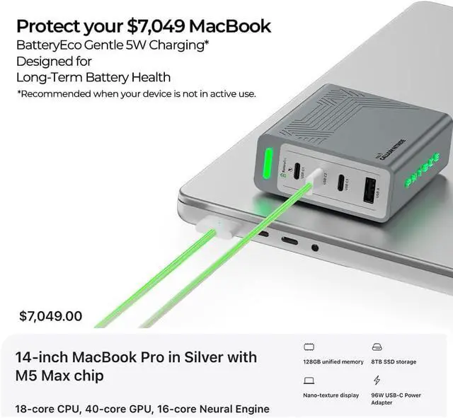 Alt view image 7 of 7 - 100W 4-Port GaN Charger, Sustained 95100W Single-Port Output for Local AI, 4-Port Charging Station, 360° RGB Status Light, One-Tap Control, Foldable Plug, for MacBook Pro 14, iPhone, iPad