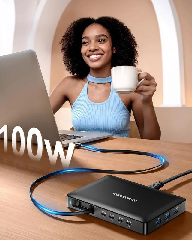 Alt view image 3 of 7 - Rocoren 560W 8Port UltraThin USBC Station with Retractable Cable