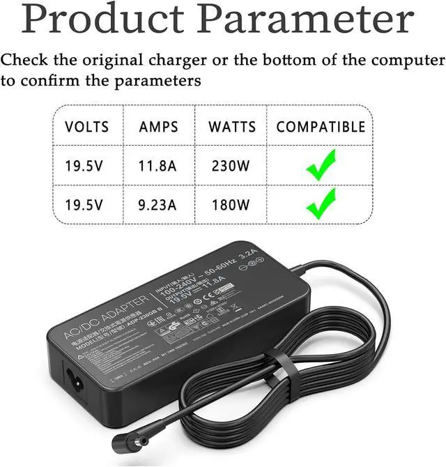 Alt view image 3 of 7 - 230W Laptop Charger for MSI GS65 GS66 GS75 GS76 WS65 WS66 WS75 with 5.5 * 2.5mm Charging Port,Compatible with MSI Creator 15 17 Alpha 15 17 Chicony A17-230P1A A12-230P1A Gaming Laptop Power Supply