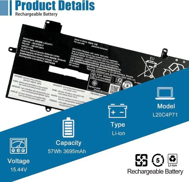 Alt view image 2 of 6 - L20C4P71 SB10T83217 5B10W13974 Laptop Battery replacement for Lenovo ThinkPad X1 Carbon 9th Gen 10th Gen X1 Yoga 6th 7th Gen 2021 Series L20M4P71 L20D4P71 L20L4P71 SB10T83216 5B10W13973 5B10W13975