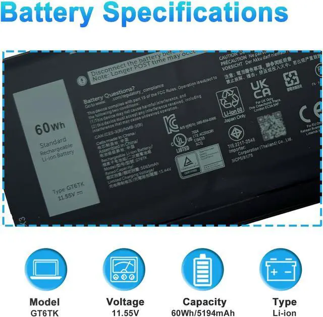 Alt view image 2 of 7 - 60Wh GT6TK Laptop Battery Replacement for for Dell Latitude 9440 9450 2-in-1 Series 0MWK05 MWK05 0K2CPY K2CPY 11.55V 5194mAh 3-Cell