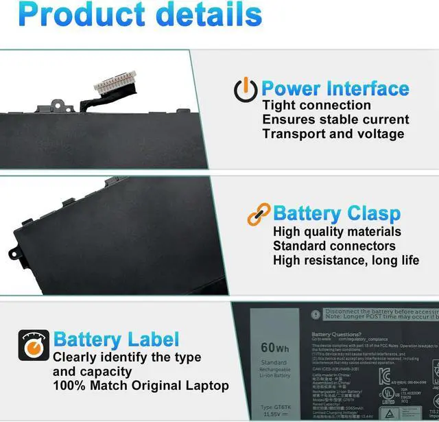 Alt view image 3 of 7 - 60Wh GT6TK Laptop Battery Replacement for for Dell Latitude 9440 9450 2-in-1 Series 0MWK05 MWK05 0K2CPY K2CPY 11.55V 5194mAh 3-Cell