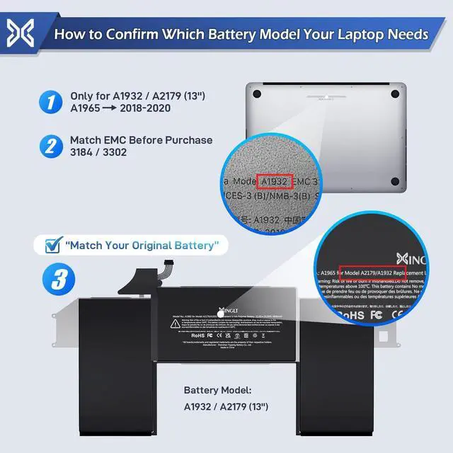 Alt view image 2 of 7 - A1932 A2179 Battery Replacement A1965 Battery for MacBook Air 13 inch