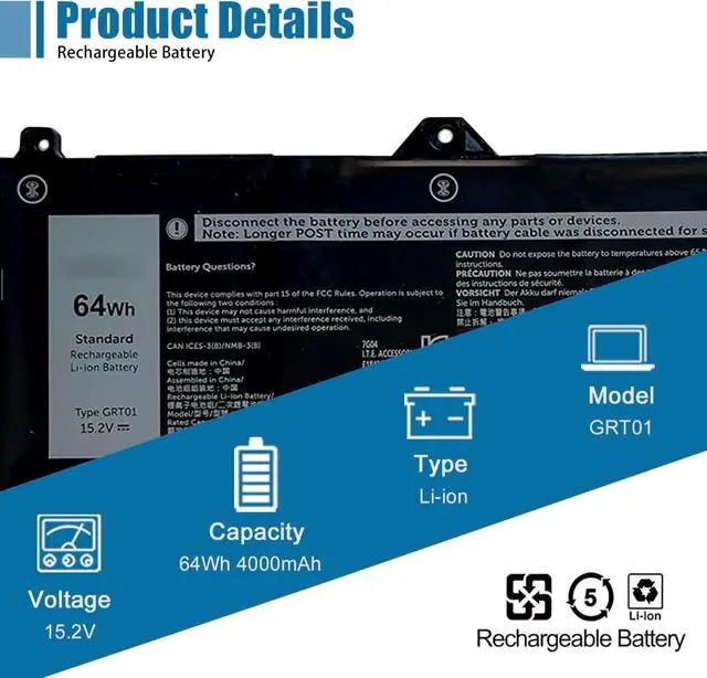 Alt view image 3 of 7 - GRT01 Laptop Battery Replacement for Dell Latitude 5421 5431 5521 5531 Precision 3561 3470 3571 3581 3591 Mobile Workstation Alienware m17 R5 AMD Series 9JRV0 00P3TJ 0R05P0 05RGW 15.2V 64Wh 4000mAh