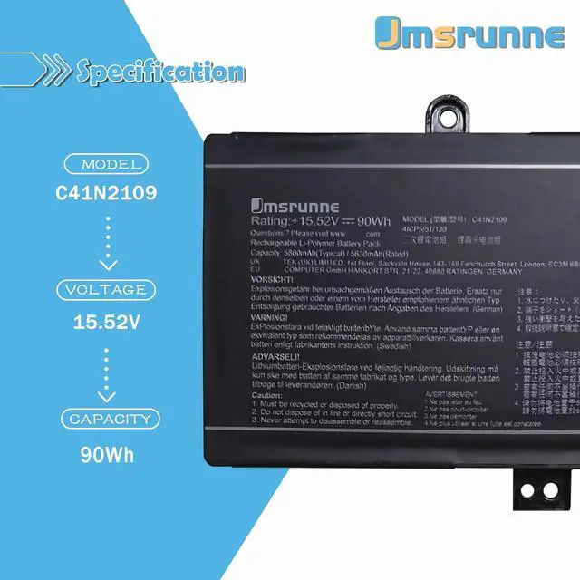 Alt view image 2 of 7 - C41N2109 90Wh Laptop Battery Replacement for Zephyrus M16 GU604VZ GU604VI GU604VY ROG Flow X16 GV601 Strix G18 G814J Strix Scar 16 G634J Strix G16 G614J Strix Scar 18 G834J series 0B200-04200000