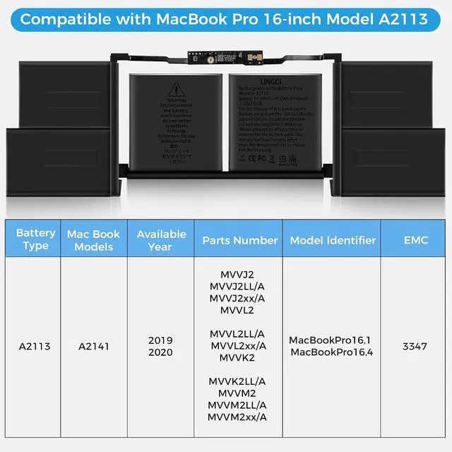 Alt view image 3 of 7 - A2113 Battery,A2141 Battery Replacement for MacBook Pro 16 Inch A2141 Retina Series (Year 2019 2020) EMC 3347(Upgraded High Performance 8790mAh 11.36V 98.8Wh)