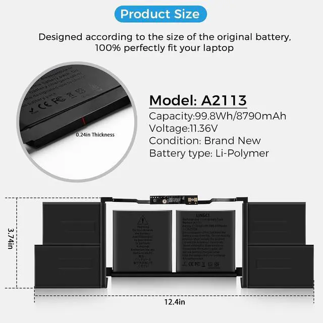 Alt view image 5 of 7 - A2113 Battery,A2141 Battery Replacement for MacBook Pro 16 Inch A2141 Retina Series (Year 2019 2020) EMC 3347(Upgraded High Performance 8790mAh 11.36V 98.8Wh)