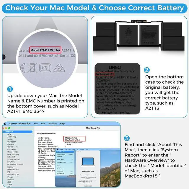 Alt view image 6 of 7 - A2113 Battery,A2141 Battery Replacement for MacBook Pro 16 Inch A2141 Retina Series (Year 2019 2020) EMC 3347(Upgraded High Performance 8790mAh 11.36V 98.8Wh)
