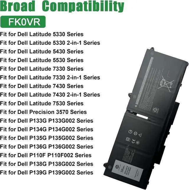 Alt view image 4 of 5 - FK0VR CPX-8P81K 58Wh Laptop Battery Replacement for Dell Latitude 5330 5430 5530 7330 7430 7530 Precision 3570 Series 0HFN8K HFN8K 08H6WD 8H6WD 08P81K 8P81K 0PX0GF PX0GF FKOVR 15.2V 3625mAh