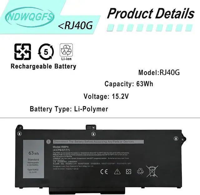 Alt view image 2 of 7 - RJ40G 63Wh Laptop Battery Replacement for Dell Latitude 15 5520 Latitude 14 5420 Precision 15 3560 for WY9DX P137G P104F 1K2CF 075X16 0WK3F1 P104F001 P104F002 075X16 1K2CF 0M3KCN 005R42 M033W