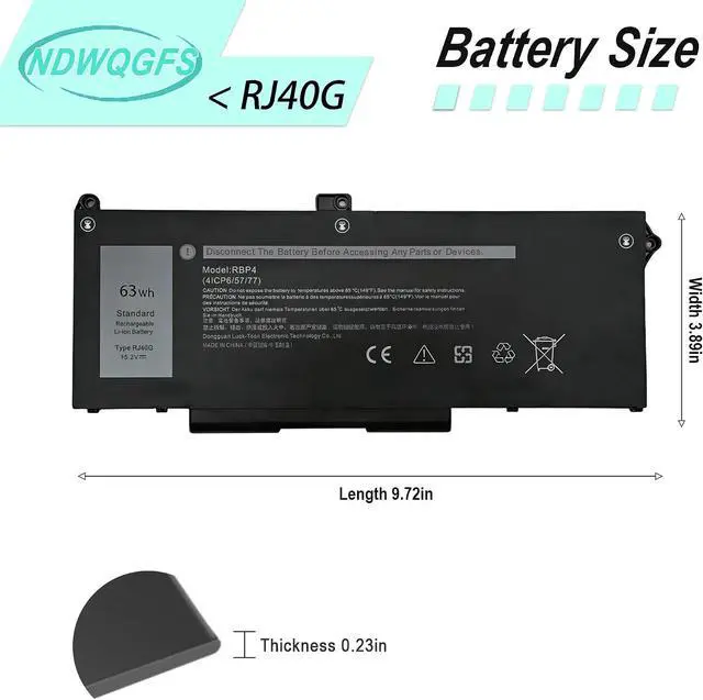 Alt view image 3 of 7 - RJ40G 63Wh Laptop Battery Replacement for Dell Latitude 15 5520 Latitude 14 5420 Precision 15 3560 for WY9DX P137G P104F 1K2CF 075X16 0WK3F1 P104F001 P104F002 075X16 1K2CF 0M3KCN 005R42 M033W