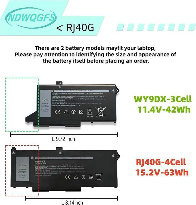 Alt view image 5 of 7 - RJ40G 63Wh Laptop Battery Replacement for Dell Latitude 15 5520 Latitude 14 5420 Precision 15 3560 for WY9DX P137G P104F 1K2CF 075X16 0WK3F1 P104F001 P104F002 075X16 1K2CF 0M3KCN 005R42 M033W