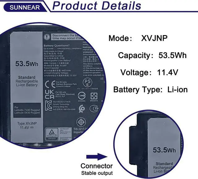 Alt view image 2 of 6 - 53.5Wh XVJNP Laptop Battery for Dell Latitude 5430 7330 Rugged Extreme