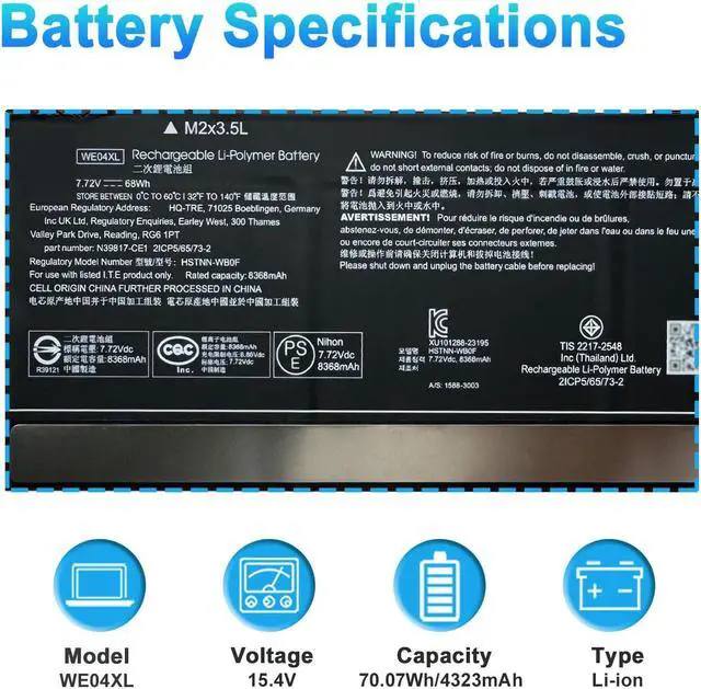 Alt view image 2 of 7 - WE04XL N39857-005 Battery Replacement for HP X360 Spectre 14-EU 14-eu0098nf, Envy X360 16-AC 16-AD 2-in-1, Pavilion Plus 14-ew 14-ey 16-ab 16t-ab 14-ey0000 Series Notebook TPN-DB1Q 68Wh