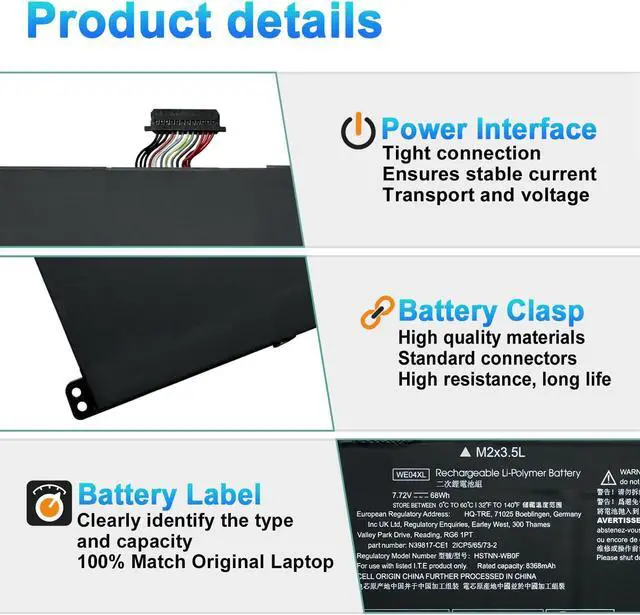 Alt view image 3 of 7 - WE04XL N39857-005 Battery Replacement for HP X360 Spectre 14-EU 14-eu0098nf, Envy X360 16-AC 16-AD 2-in-1, Pavilion Plus 14-ew 14-ey 16-ab 16t-ab 14-ey0000 Series Notebook TPN-DB1Q 68Wh