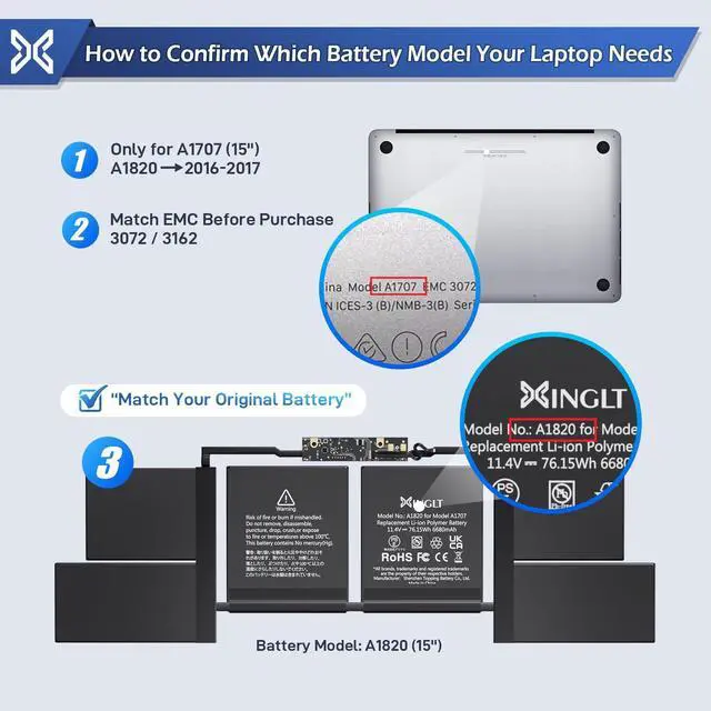 Alt view image 2 of 7 - A1707 Replacement Battery for MacBook Pro,A1820 Laptop Battery