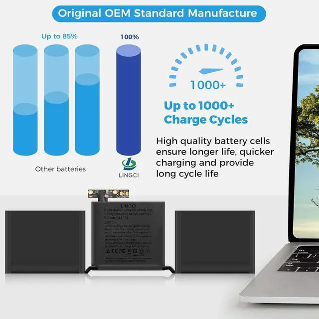 Alt view image 2 of 7 - A1708 Battery, A2171 A1713 A2159 A2289 A2338 Replacement for MacBook Pro 13 Inch A1708 (Late 2016, Mid 2017 Years) (Upgraded High Performance 54.5Wh 11.4V 4781mAh Li-Polymer)