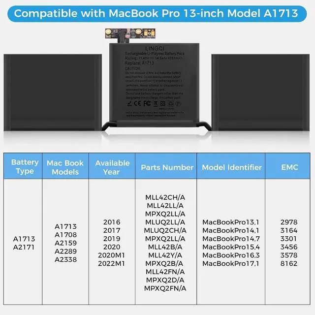 Alt view image 3 of 7 - A1708 Battery, A2171 A1713 A2159 A2289 A2338 Replacement for MacBook Pro 13 Inch A1708 (Late 2016, Mid 2017 Years) (Upgraded High Performance 54.5Wh 11.4V 4781mAh Li-Polymer)