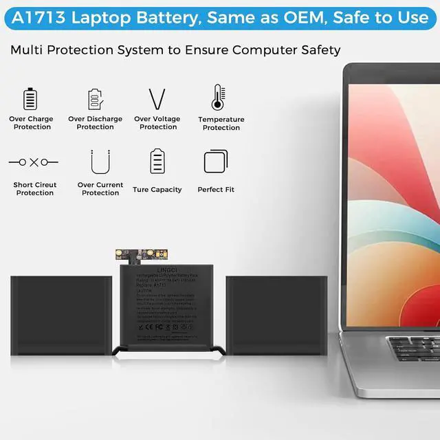 Alt view image 4 of 7 - A1708 Battery, A2171 A1713 A2159 A2289 A2338 Replacement for MacBook Pro 13 Inch A1708 (Late 2016, Mid 2017 Years) (Upgraded High Performance 54.5Wh 11.4V 4781mAh Li-Polymer)