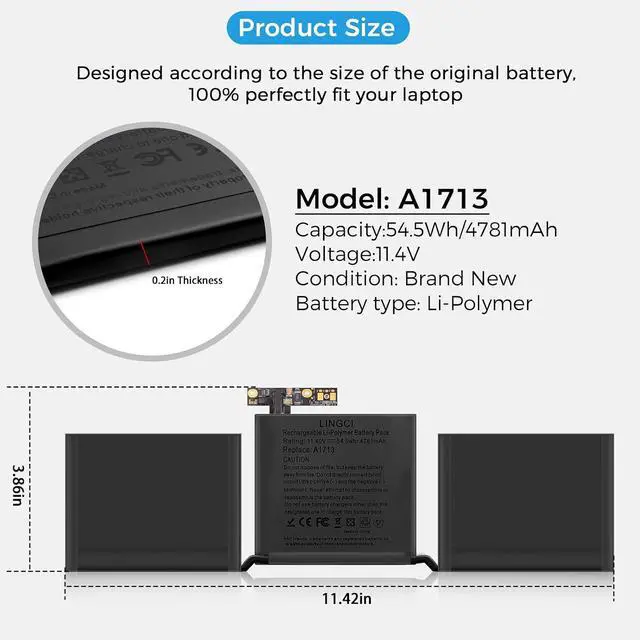 Alt view image 5 of 7 - A1708 Battery, A2171 A1713 A2159 A2289 A2338 Replacement for MacBook Pro 13 Inch A1708 (Late 2016, Mid 2017 Years) (Upgraded High Performance 54.5Wh 11.4V 4781mAh Li-Polymer)
