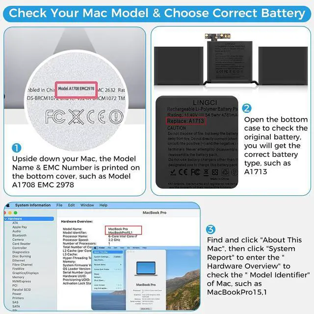 Alt view image 6 of 7 - A1708 Battery, A2171 A1713 A2159 A2289 A2338 Replacement for MacBook Pro 13 Inch A1708 (Late 2016, Mid 2017 Years) (Upgraded High Performance 54.5Wh 11.4V 4781mAh Li-Polymer)