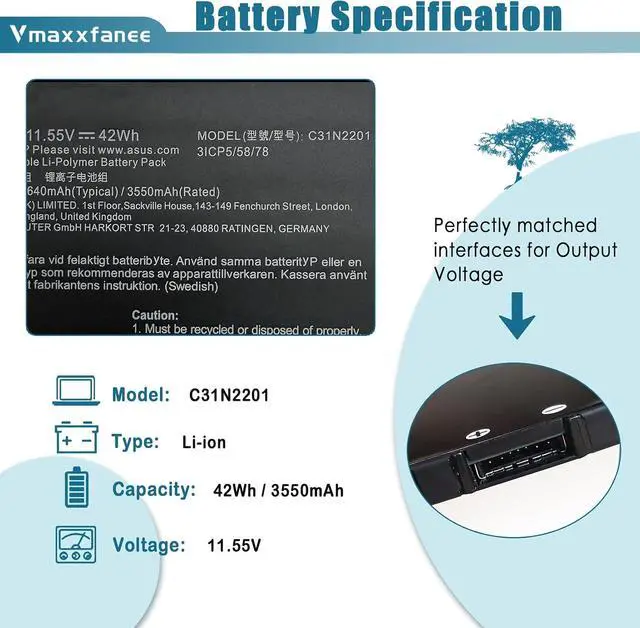 Alt view image 2 of 7 - 42Wh C31N2201 Laptop Battery Replacement for ASUS Vivobook 15 X1504ZA X1504VA Go 15 E1504FA E1504GA 16 M1605YA X1605EA 14 OLED X1405VA 14X X1403VA 15X M3604YA M3504YA 16X M3604YA TN3604YA K3604VA