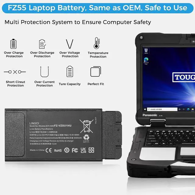 Alt view image 2 of 7 - FZ-55 Battery, FZ-VZSU1HU Battery Replacement for Panasonic Toughbook 55 FZ-55 Mk1 FZ-VZSU1 10.8V 68Wh 6300mAh Li-Polymer (Not Suitable for CF-54)