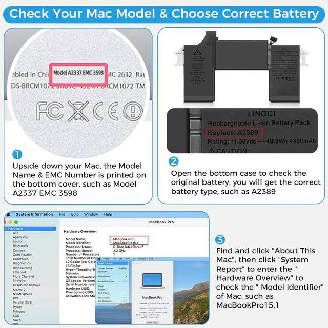 Alt view image 6 of 7 - A2337 Battery,A2389 Battery Replacement for MacBook Air 13 Inch A2337 M1 2020 EMC 3598 (Upgraded High Performance 11.39V 49.9Wh 4380mAh)