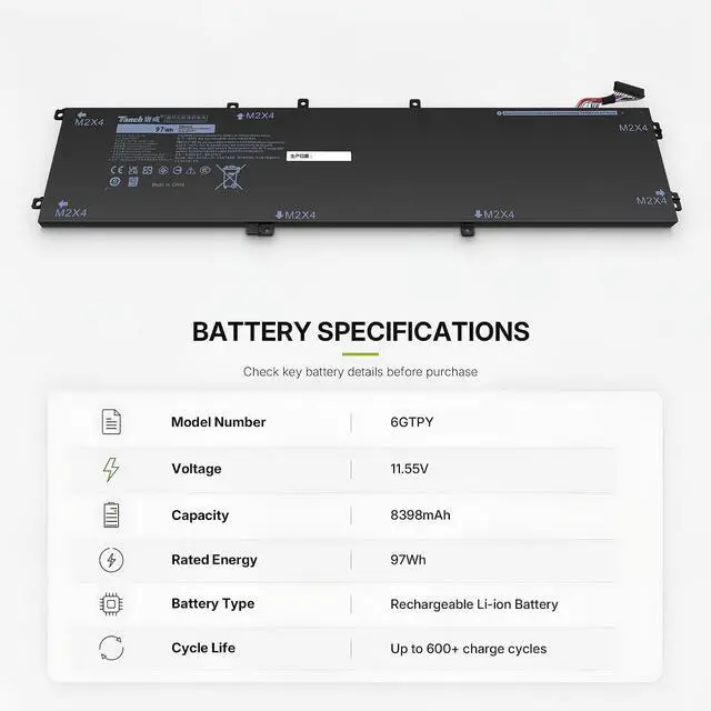 Alt view image 2 of 6 - Tanch 6GTPY Laptop Battery for Dell XPS 15 7590 9550 9560 9570 Series