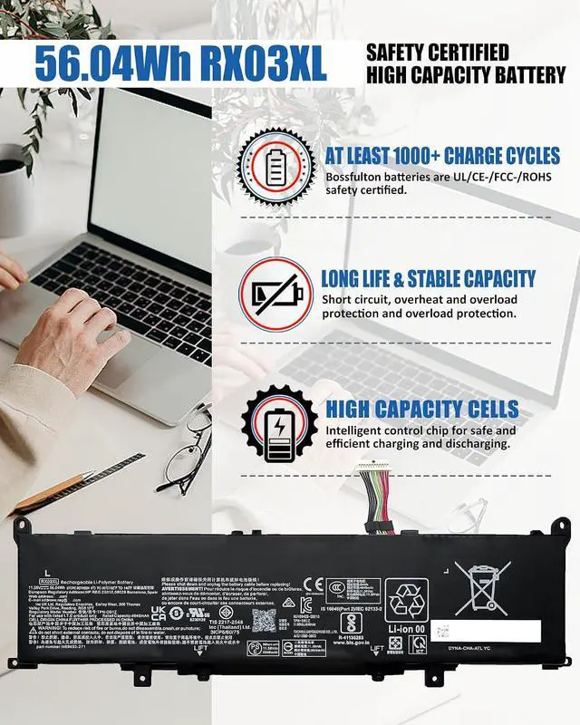 Alt view image 2 of 6 - 56.04Wh RX03XL N70706-005 Battery for HP EliteBook 640 645 630 660 G11 & ProBook 440 445 460 465 G11 Series NotebookCompatible with N78704-005 HSTNN-WB0H TPN-DB1Z - 11.58V 4646mAh Replacement