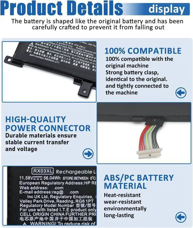 Alt view image 5 of 6 - 56.04Wh RX03XL N70706-005 Battery for HP EliteBook 640 645 630 660 G11 & ProBook 440 445 460 465 G11 Series NotebookCompatible with N78704-005 HSTNN-WB0H TPN-DB1Z - 11.58V 4646mAh Replacement